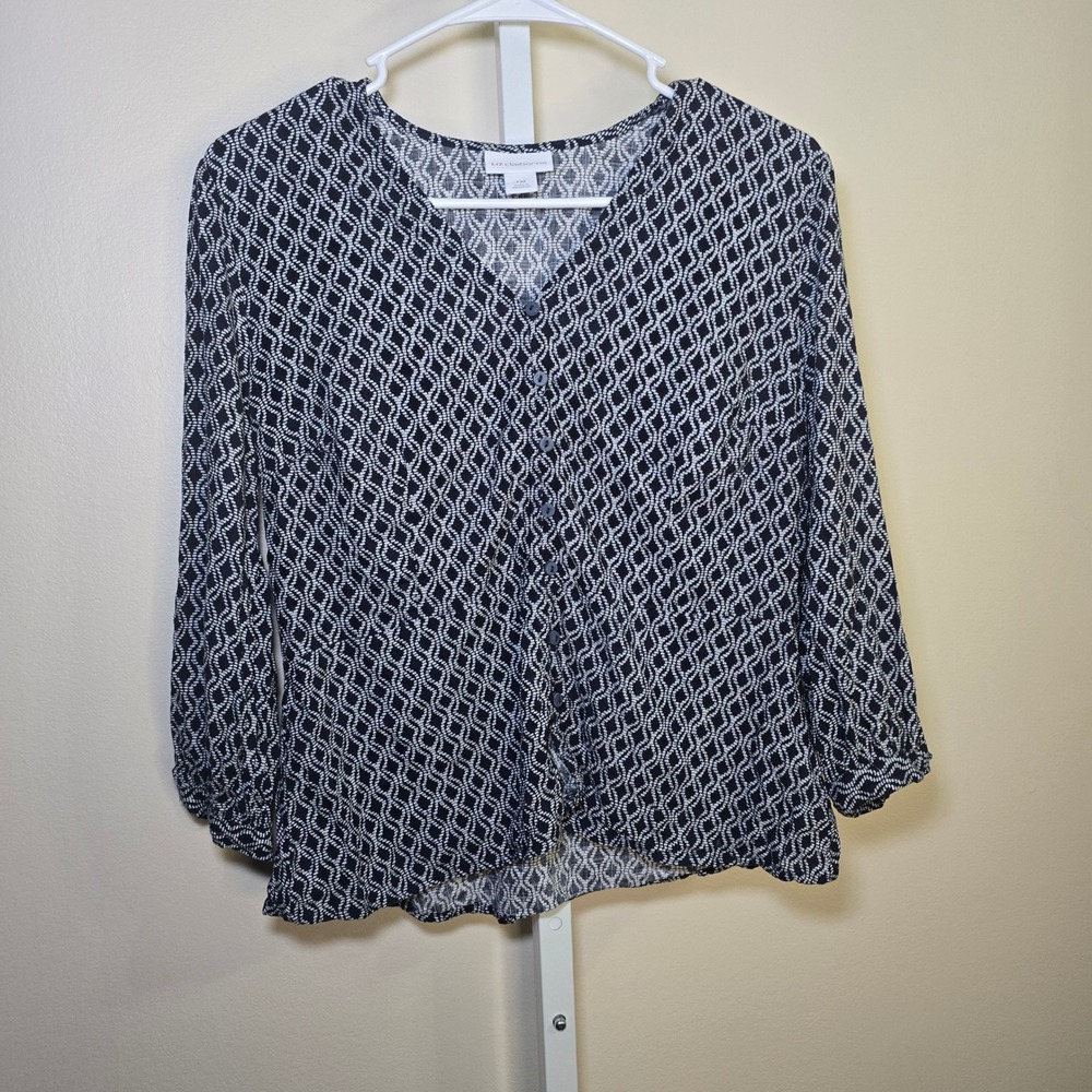 Liz Claiborne Black & White Print 3/4 Sleeve Button-Up Blouse - Women's sz PM